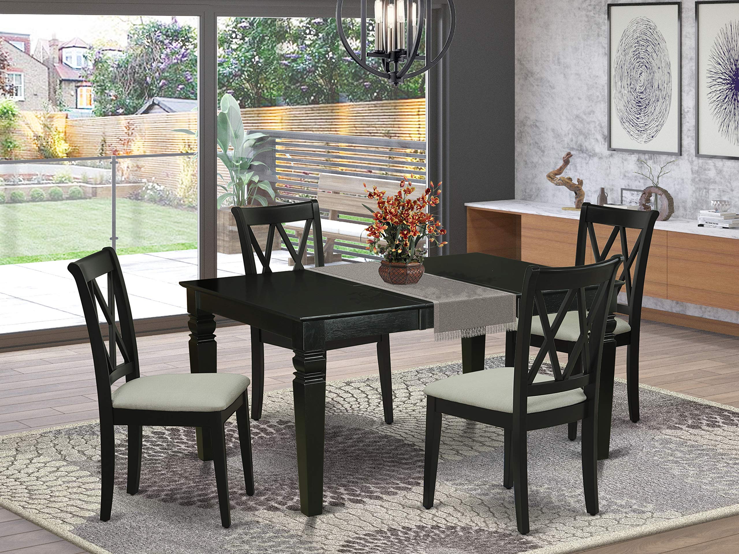 East West Furniture Wecl5-Blk-C 5 Piece Dining Room Table Set Includes A Rectangle Kitchen Table With Butterfly Leaf And 4 Linen Fabric Upholstered Dining Chairs, 42X60 Inch, Black